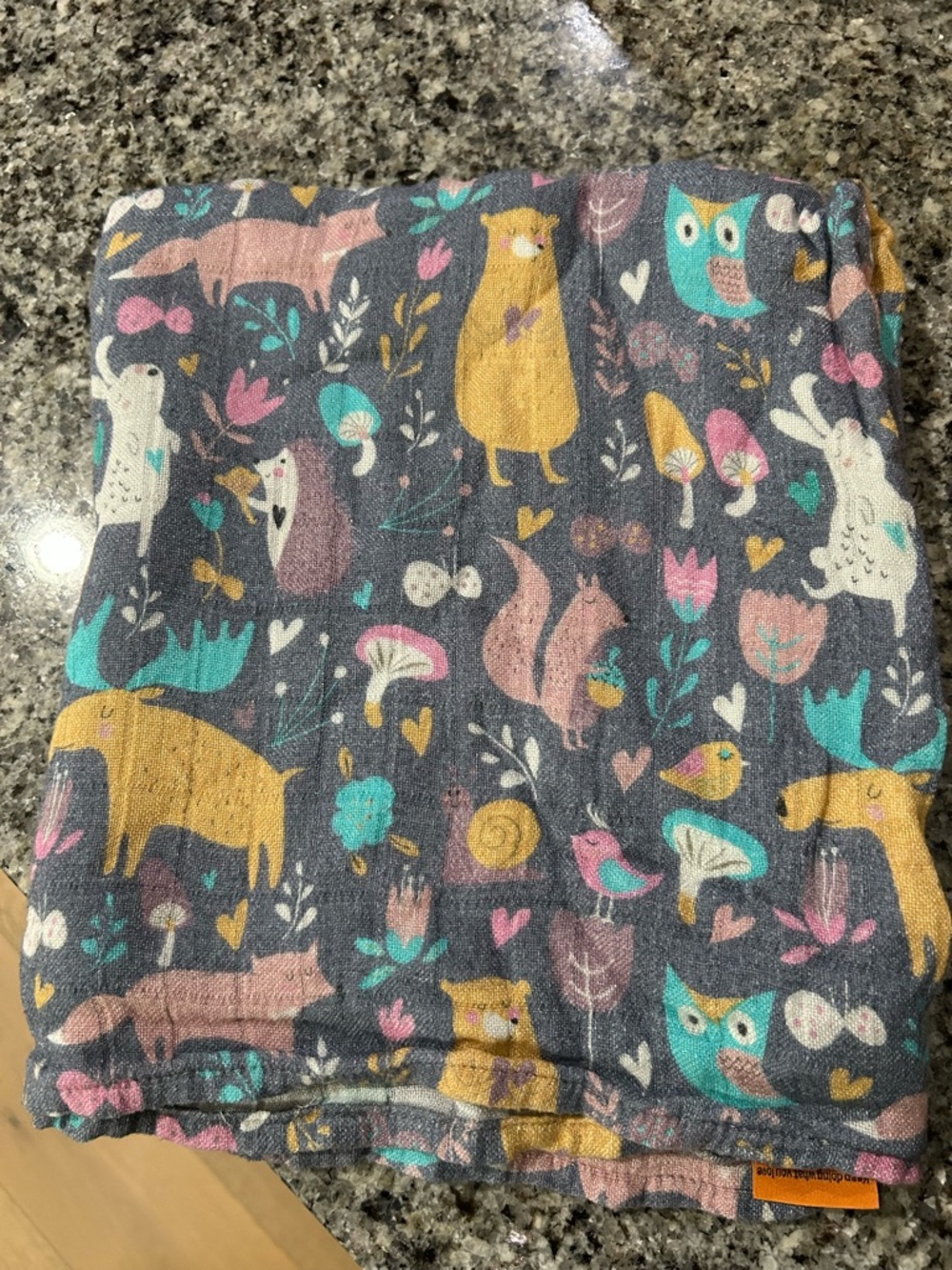 Tula Woodland Animals Muslin Blanket - Gray with Yellow, Teal, Pink & Cream